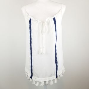 Ella Moss NWT Boho Tassel Tank Top White Blue Embroidered Medium